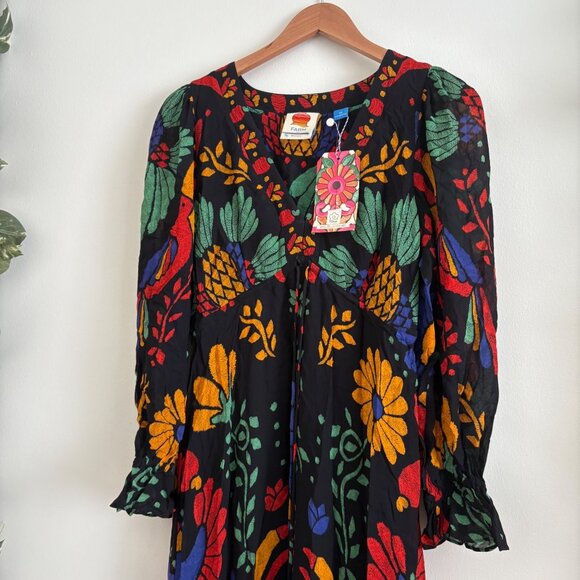 Farm Rio Georgette Long Sleeve Maxi Dress NWT Black Motif Women’s Size XS - Picture 3 of 12